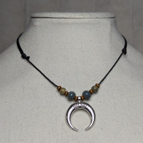 Etched Crescent Moon Silver Charm Blue Green Ceramic Bead Boho Choker Necklace - Picture 3 of 3
